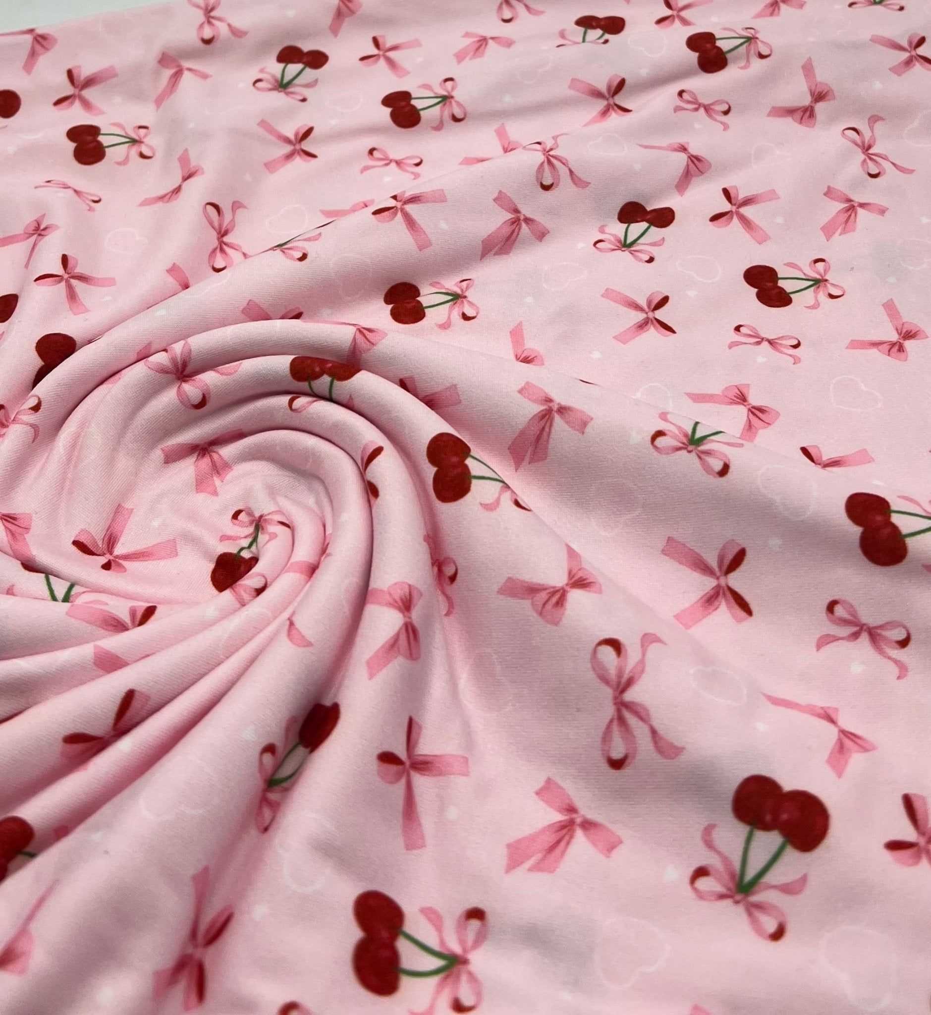 Pink Cherry Bow Super Soft Print Spun Poly Stretch Fabric - T9 Fabrics